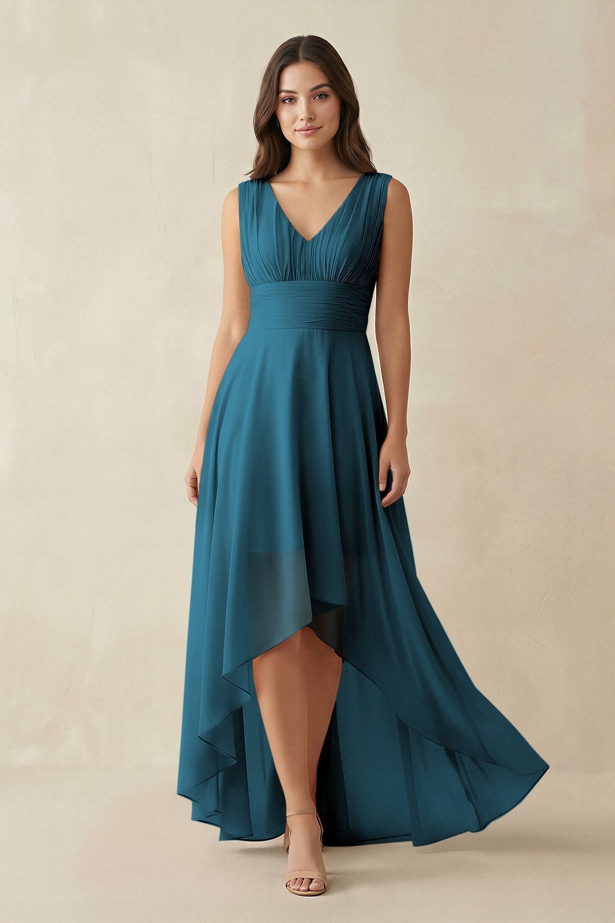 KissProm V-Neck High-Low Chiffon Bridesmaid Dress in Dark Teal, Dark Teal / 22