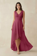 V - Neck High - Low Chiffon Bridesmaid Dress in Desert Rose - KissProm Bridesmaid Dresses
