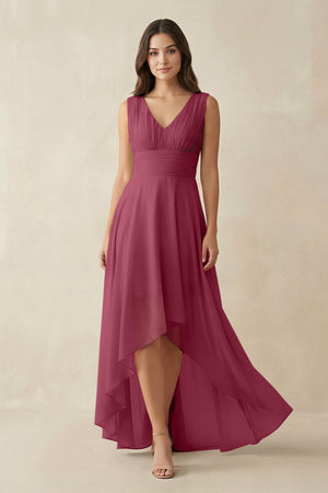 V - Neck High - Low Chiffon Bridesmaid Dress in Desert Rose - KissProm Bridesmaid Dresses
