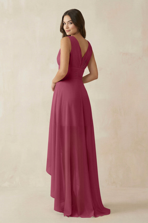 V - Neck High - Low Chiffon Bridesmaid Dress in Desert Rose - KissProm Bridesmaid Dresses