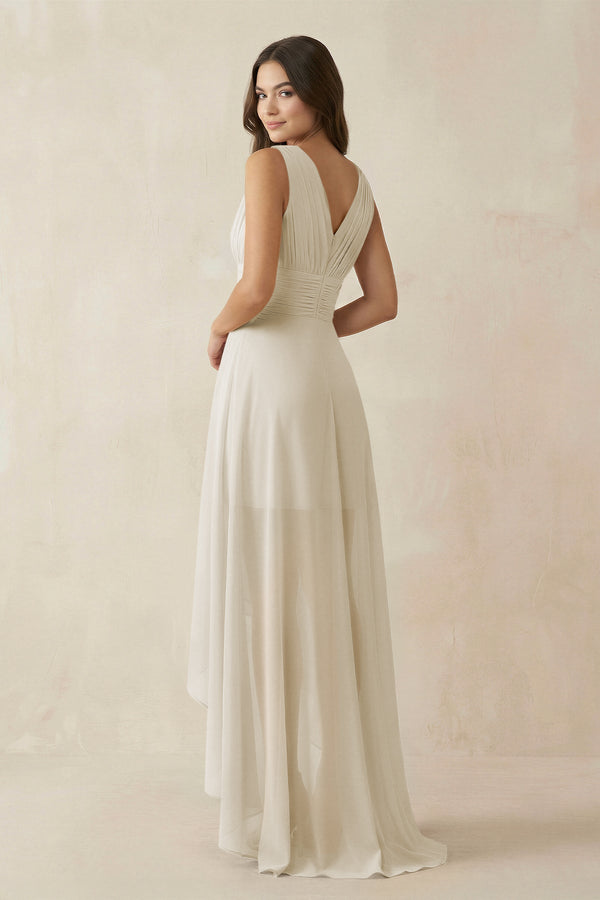 V - Neck High - Low Chiffon Bridesmaid Dress in Dove Gray - KissProm Bridesmaid Dresses