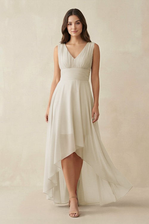 V - Neck High - Low Chiffon Bridesmaid Dress in Dove Gray - KissProm Bridesmaid Dresses
