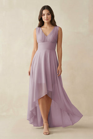V - Neck High - Low Chiffon Bridesmaid Dress in Dusk - KissProm Bridesmaid Dresses