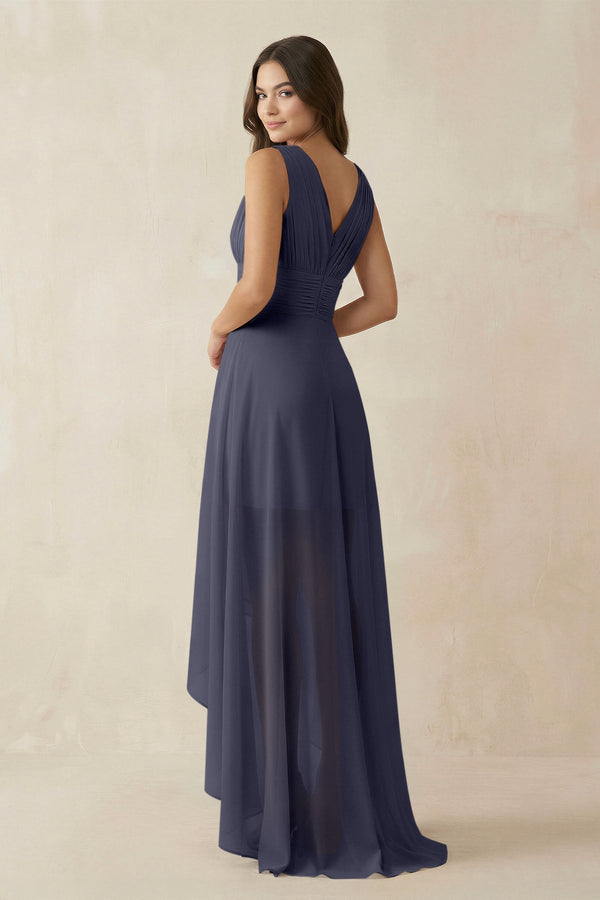 V - Neck High - Low Chiffon Bridesmaid Dress in Dusk Blue - KissProm Bridesmaid Dresses