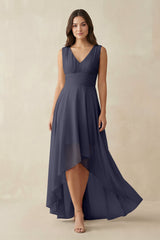 V - Neck High - Low Chiffon Bridesmaid Dress in Dusk Blue - KissProm Bridesmaid Dresses