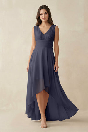 V - Neck High - Low Chiffon Bridesmaid Dress in Dusk Blue - KissProm Bridesmaid Dresses