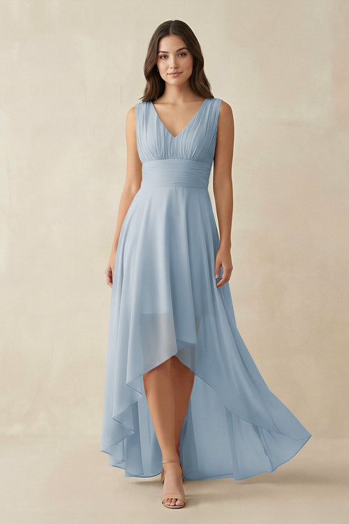 V - Neck High - Low Chiffon Bridesmaid Dress in Dusty Blue - KissProm Bridesmaid Dresses
