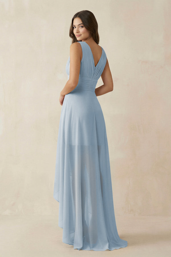 V - Neck High - Low Chiffon Bridesmaid Dress in Dusty Blue - KissProm Bridesmaid Dresses