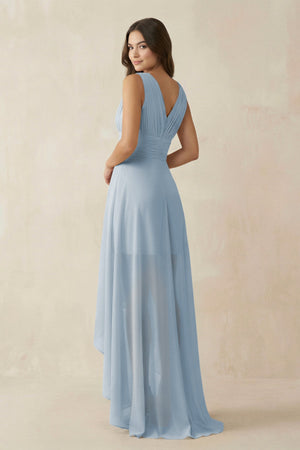 V - Neck High - Low Chiffon Bridesmaid Dress in Dusty Blue - KissProm Bridesmaid Dresses