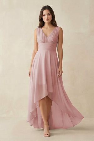 V - Neck High - Low Chiffon Bridesmaid Dress in Dusty Rose - KissProm Bridesmaid Dresses
