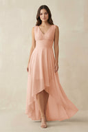 V - Neck High - Low Chiffon Bridesmaid Dress in English Rose - KissProm Bridesmaid Dresses
