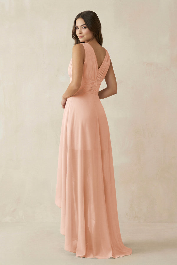 V - Neck High - Low Chiffon Bridesmaid Dress in English Rose - KissProm Bridesmaid Dresses