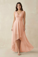 V - Neck High - Low Chiffon Bridesmaid Dress in English Rose - KissProm Bridesmaid Dresses