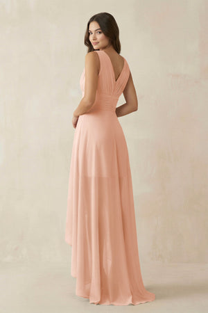 V - Neck High - Low Chiffon Bridesmaid Dress in English Rose - KissProm Bridesmaid Dresses