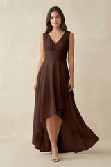 V - Neck High - Low Chiffon Bridesmaid Dress in Espresso - KissProm Bridesmaid Dresses