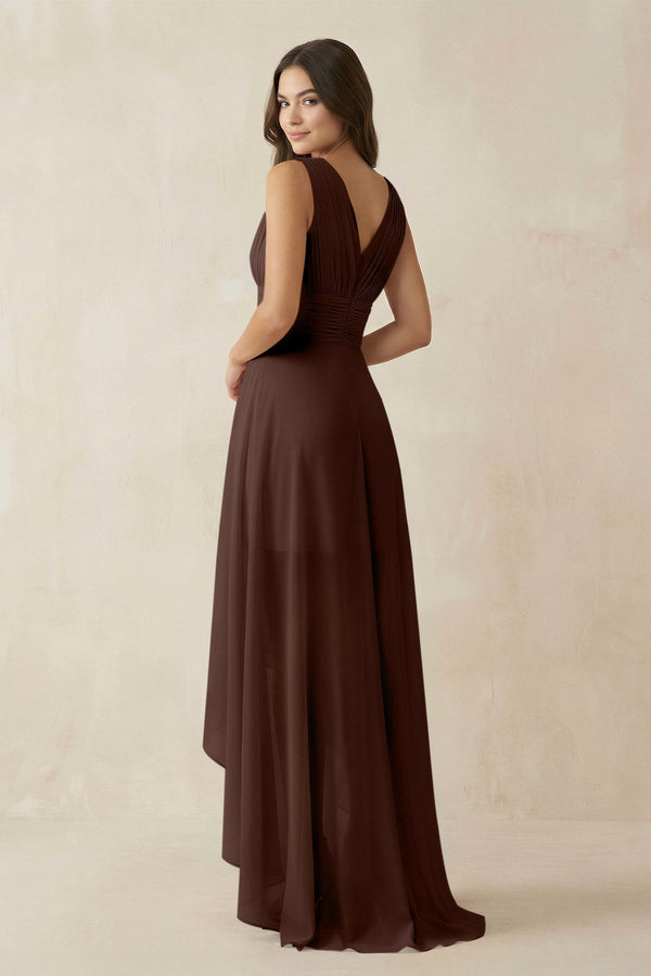 V - Neck High - Low Chiffon Bridesmaid Dress in Espresso - KissProm Bridesmaid Dresses