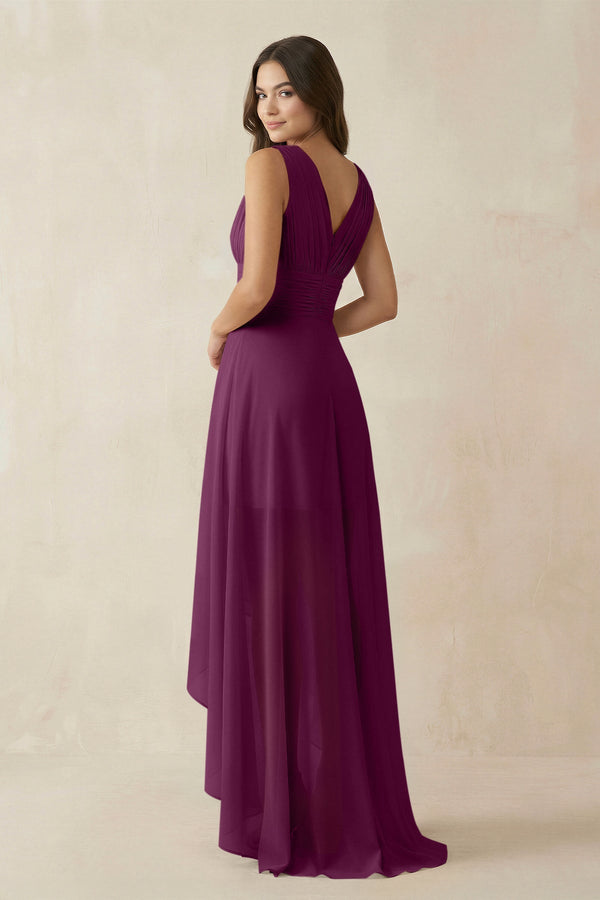 V - Neck High - Low Chiffon Bridesmaid Dress in Fig - KissProm Bridesmaid Dresses