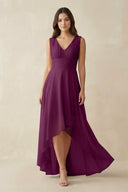 V - Neck High - Low Chiffon Bridesmaid Dress in Fig - KissProm Bridesmaid Dresses
