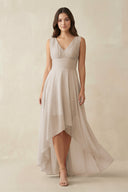 V - Neck High - Low Chiffon Bridesmaid Dress in Frost - KissProm Bridesmaid Dresses