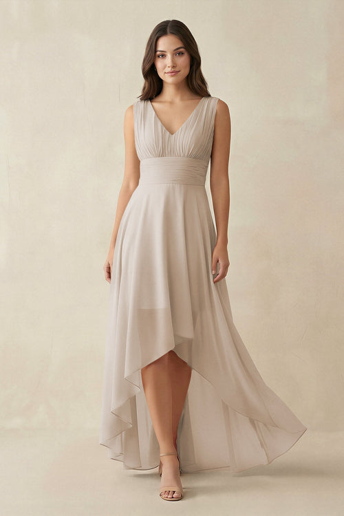 V - Neck High - Low Chiffon Bridesmaid Dress in Frost - KissProm Bridesmaid Dresses