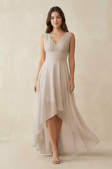 V - Neck High - Low Chiffon Bridesmaid Dress in Frost - KissProm Bridesmaid Dresses