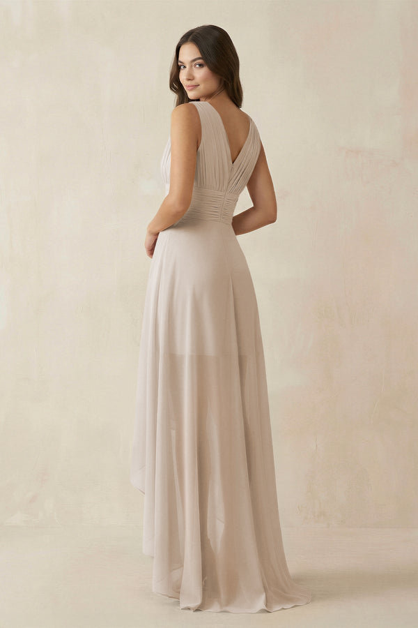 V - Neck High - Low Chiffon Bridesmaid Dress in Frost - KissProm Bridesmaid Dresses