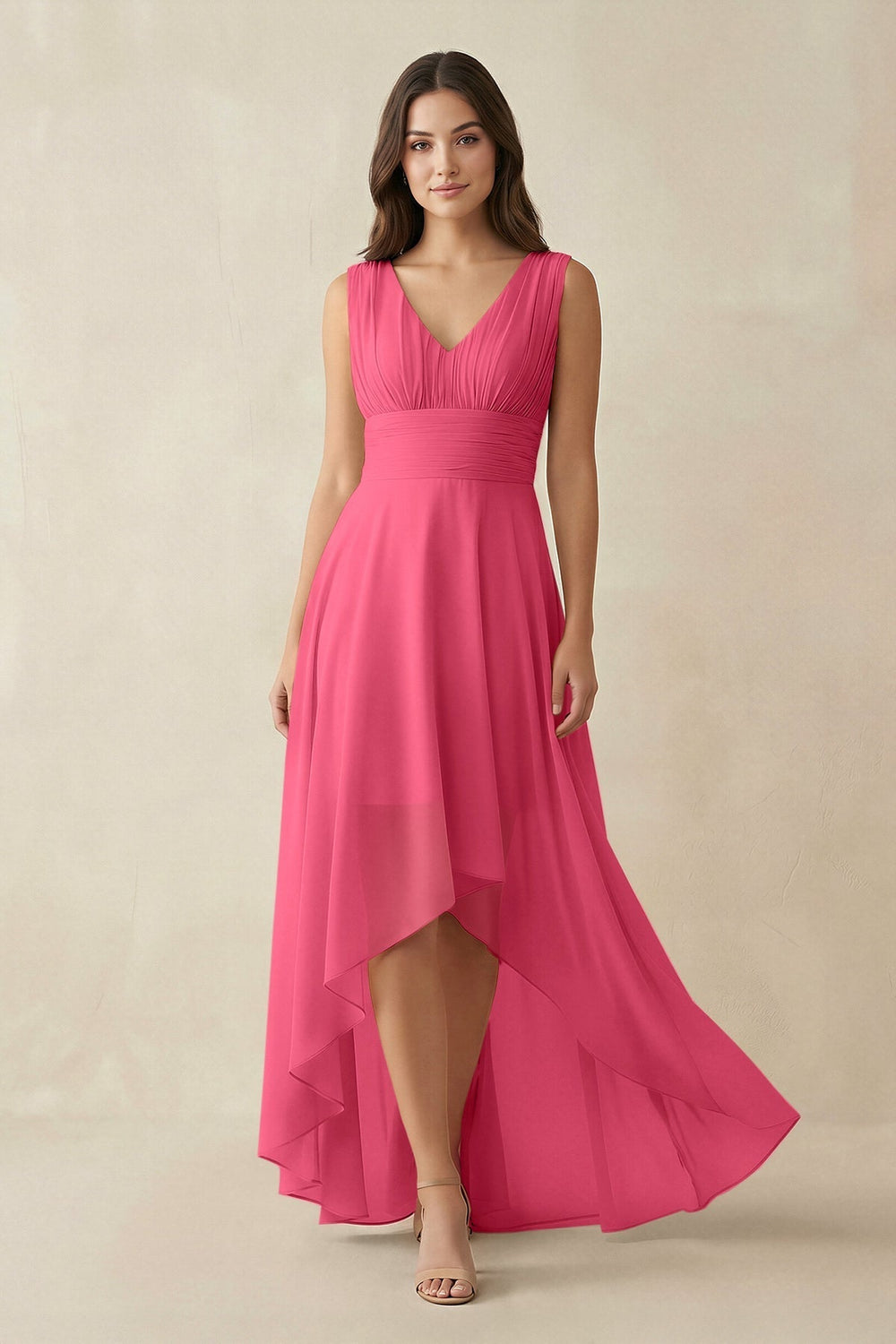 V - Neck High - Low Chiffon Bridesmaid Dress in Fuchsia - KissProm Bridesmaid Dresses