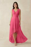 V - Neck High - Low Chiffon Bridesmaid Dress in Fuchsia - KissProm Bridesmaid Dresses