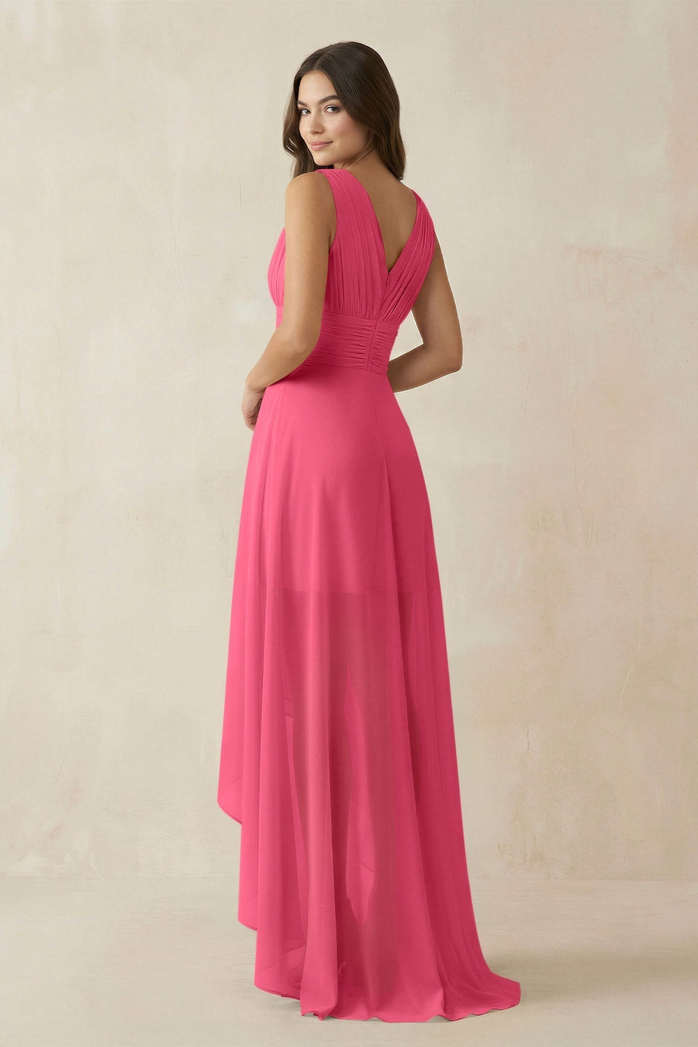 V - Neck High - Low Chiffon Bridesmaid Dress in Fuchsia - KissProm Bridesmaid Dresses