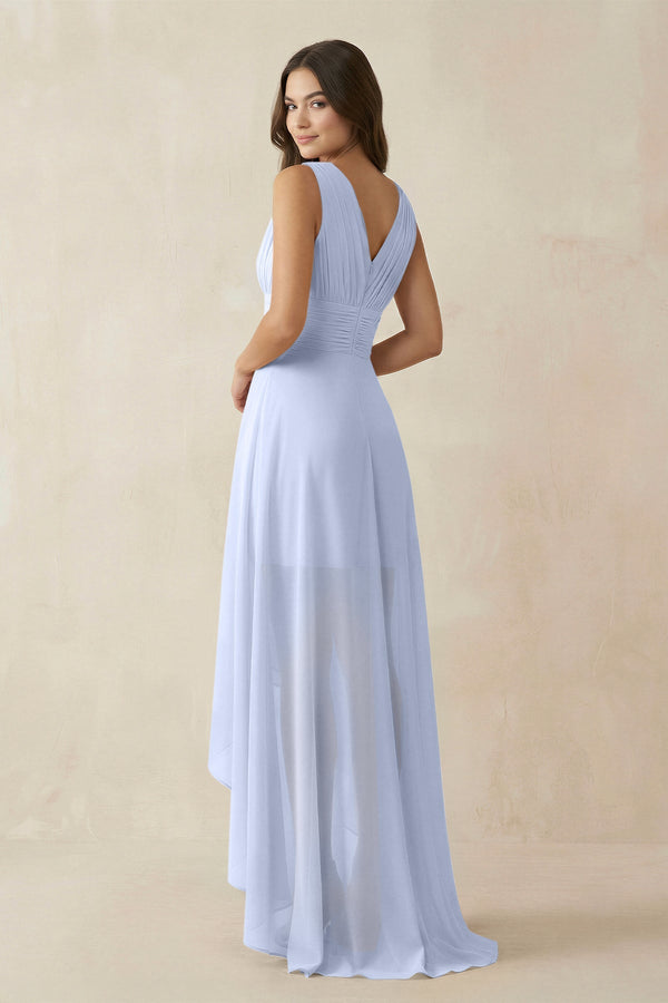 V - Neck High - Low Chiffon Bridesmaid Dress in Ice - KissProm Bridesmaid Dresses