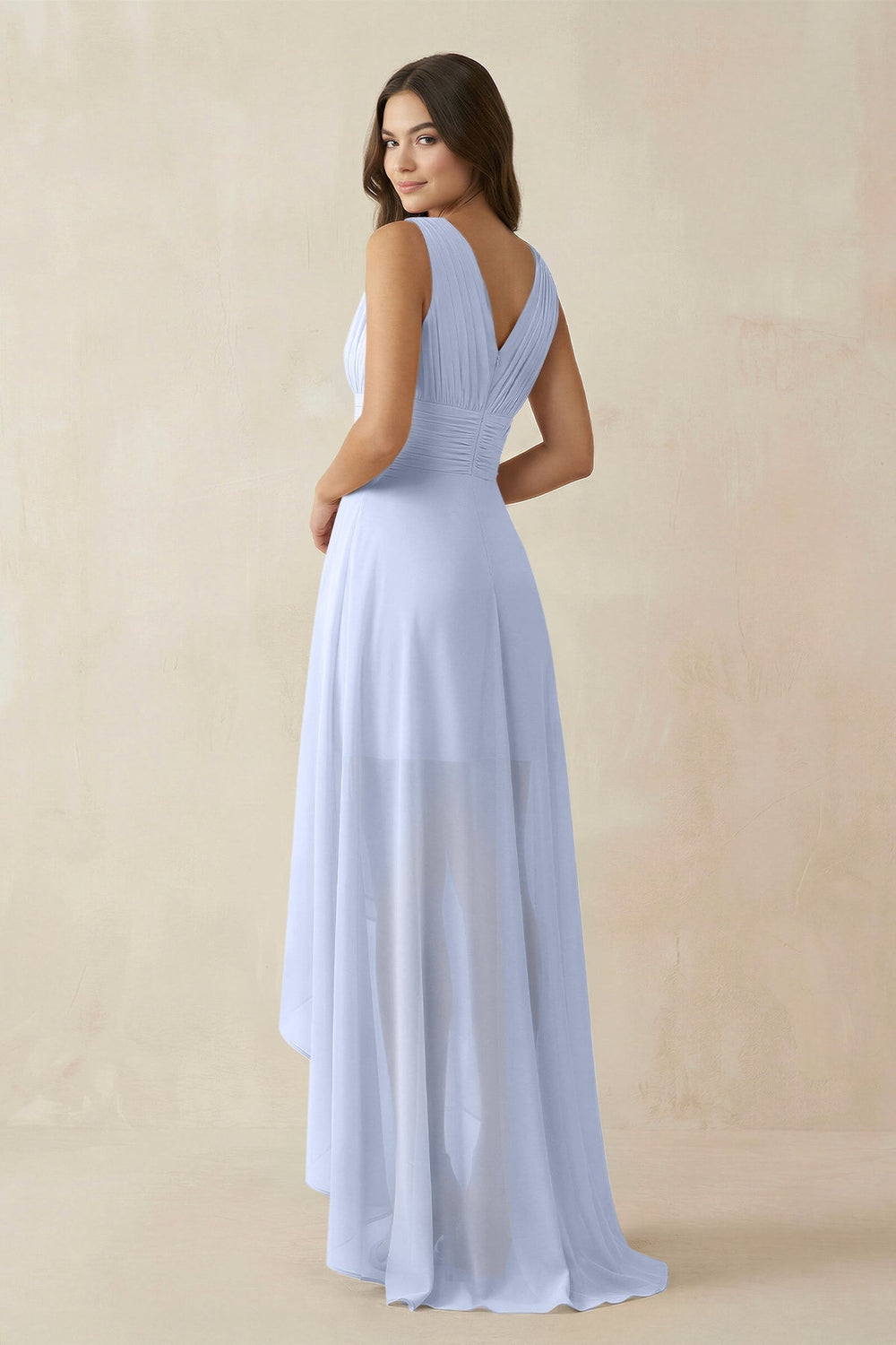 V - Neck High - Low Chiffon Bridesmaid Dress in Ice - KissProm Bridesmaid Dresses