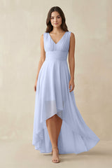 V - Neck High - Low Chiffon Bridesmaid Dress in Ice - KissProm Bridesmaid Dresses