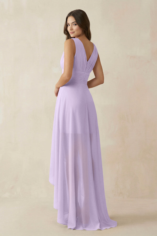 V - Neck High - Low Chiffon Bridesmaid Dress in Lavender - KissProm Bridesmaid Dresses