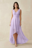 V - Neck High - Low Chiffon Bridesmaid Dress in Lavender - KissProm Bridesmaid Dresses