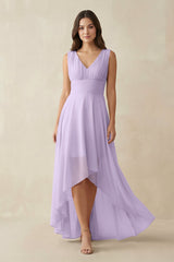 V - Neck High - Low Chiffon Bridesmaid Dress in Lavender - KissProm Bridesmaid Dresses