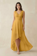 V - Neck High - Low Chiffon Bridesmaid Dress in Marigold - KissProm Bridesmaid Dresses