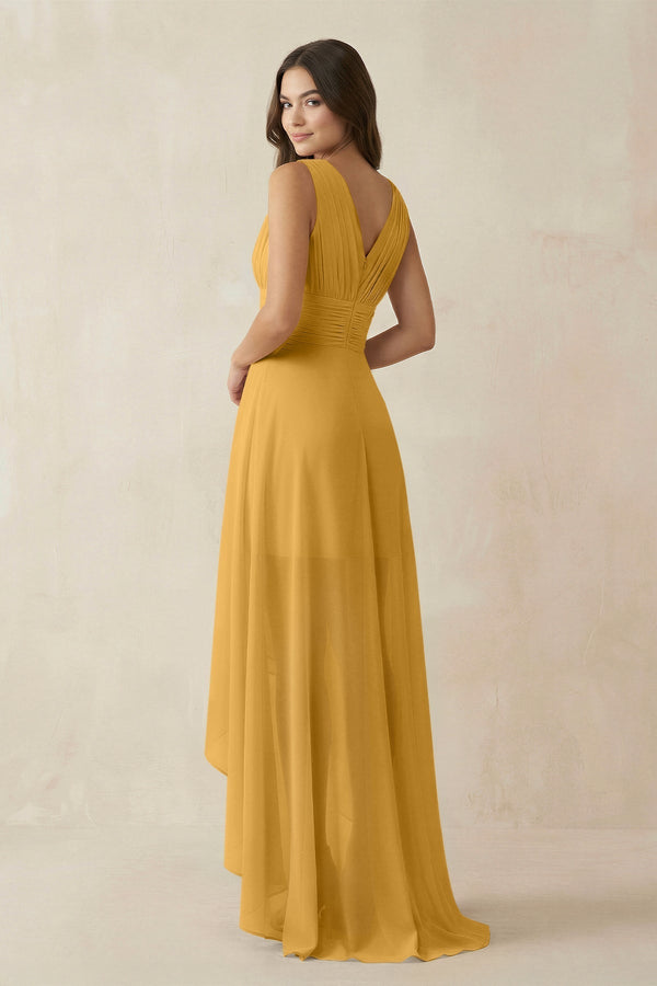 V - Neck High - Low Chiffon Bridesmaid Dress in Marigold - KissProm Bridesmaid Dresses