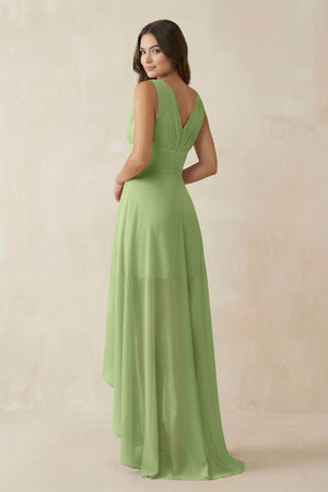 V - Neck High - Low Chiffon Bridesmaid Dress in Matcha - KissProm Bridesmaid Dresses