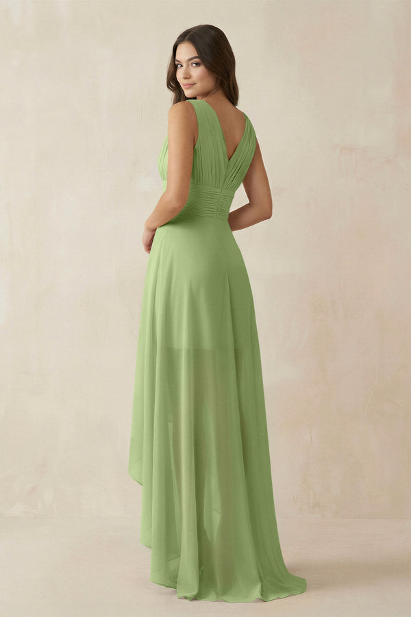 V - Neck High - Low Chiffon Bridesmaid Dress in Matcha - KissProm Bridesmaid Dresses