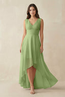 V - Neck High - Low Chiffon Bridesmaid Dress in Matcha - KissProm Bridesmaid Dresses