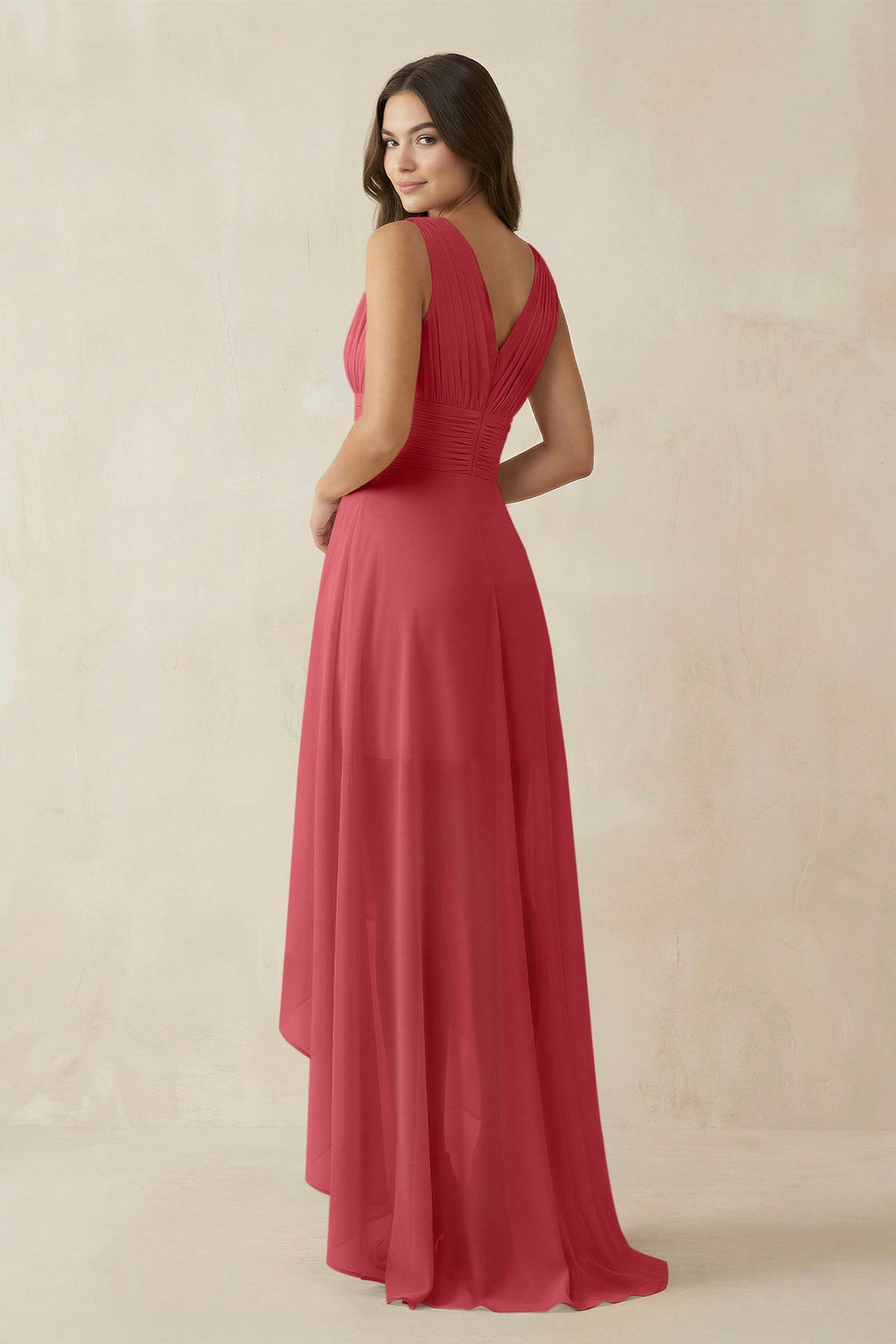 V - Neck High - Low Chiffon Bridesmaid Dress in Merlot - KissProm Bridesmaid Dresses