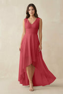 V - Neck High - Low Chiffon Bridesmaid Dress in Merlot - KissProm Bridesmaid Dresses