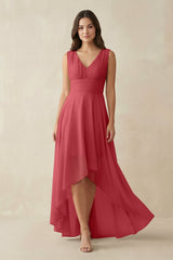 V - Neck High - Low Chiffon Bridesmaid Dress in Merlot - KissProm Bridesmaid Dresses