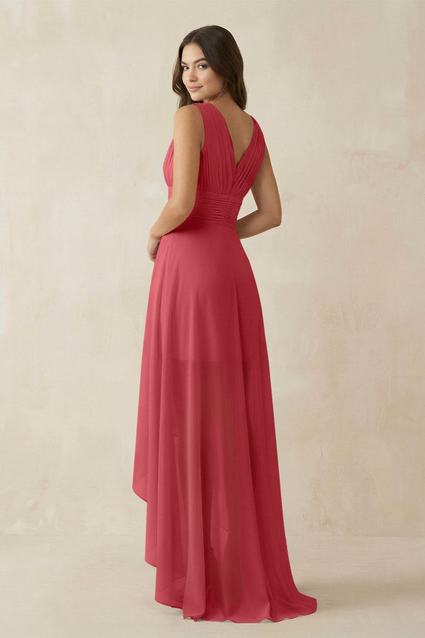 V - Neck High - Low Chiffon Bridesmaid Dress in Merlot - KissProm Bridesmaid Dresses