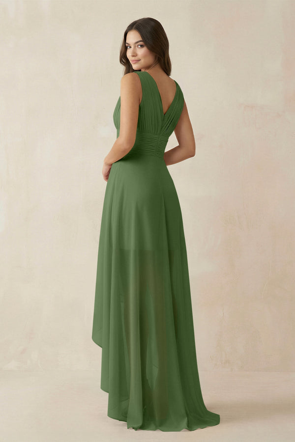 V - Neck High - Low Chiffon Bridesmaid Dress in Moss - KissProm Bridesmaid Dresses