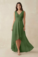 V - Neck High - Low Chiffon Bridesmaid Dress in Moss - KissProm Bridesmaid Dresses