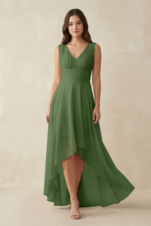 V - Neck High - Low Chiffon Bridesmaid Dress in Moss - KissProm Bridesmaid Dresses