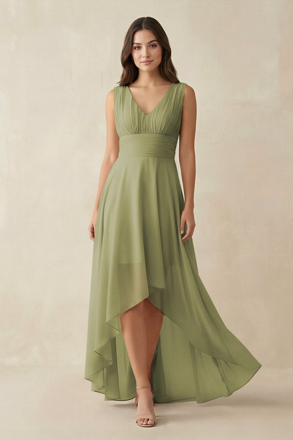 V - Neck High - Low Chiffon Bridesmaid Dress in Moss Green - KissProm Bridesmaid Dresses