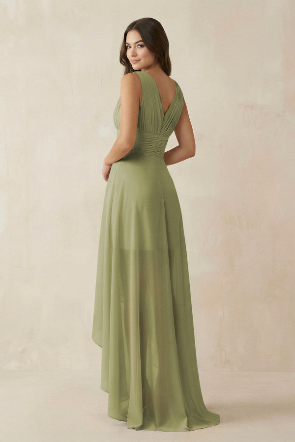 V - Neck High - Low Chiffon Bridesmaid Dress in Moss Green - KissProm Bridesmaid Dresses