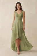 V - Neck High - Low Chiffon Bridesmaid Dress in Moss Green - KissProm Bridesmaid Dresses